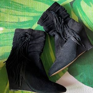 Black Suede Fringe Wedge Booties